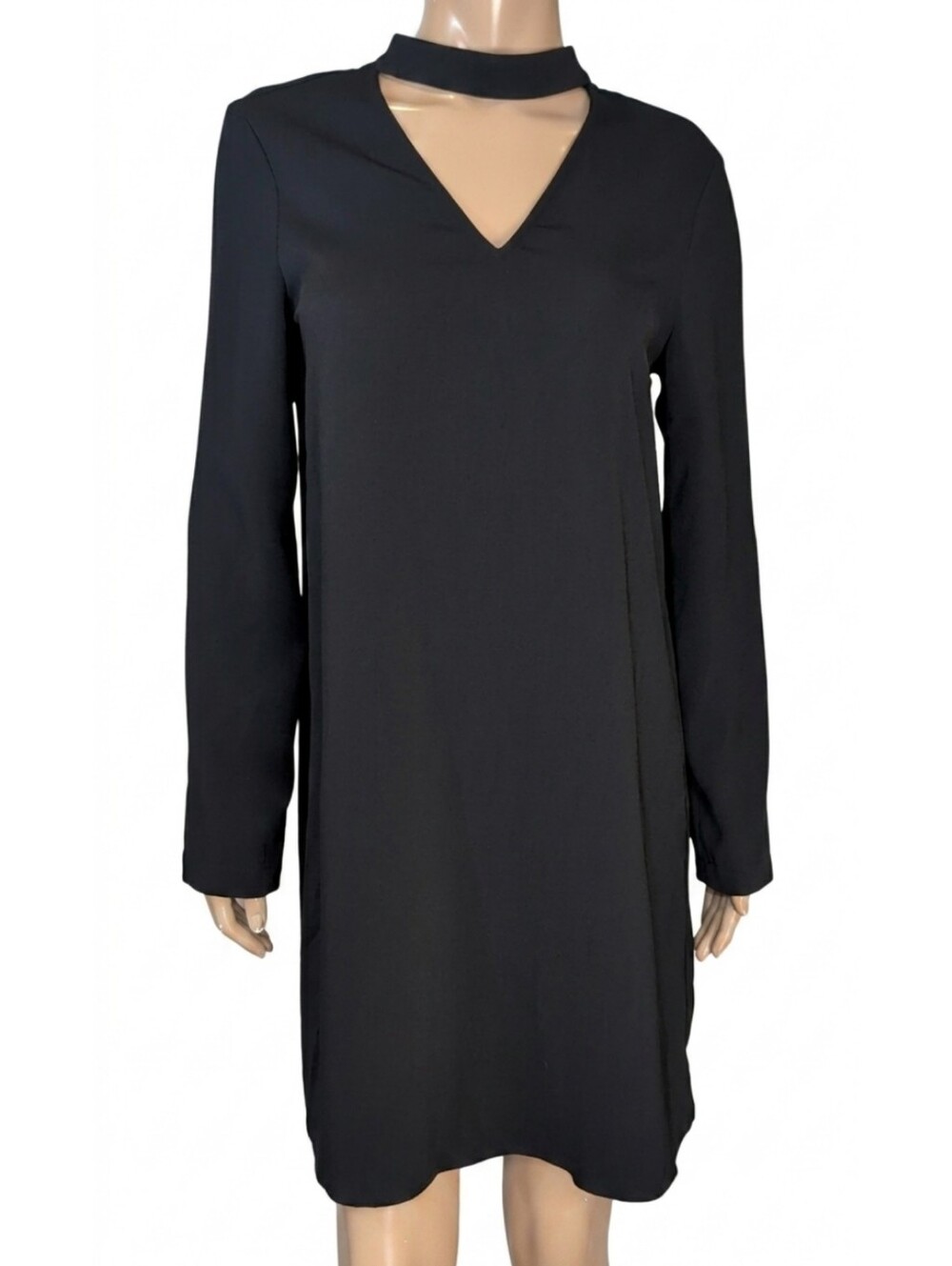 NEW Lord & Taylor Black Choker Neck Shift Dress Long Sleeve Keyhole Size Medium